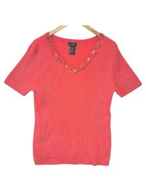 RQT Top Sz XL Studded Embellished V-Neck Ribbed Knit Coral Feminine Classy